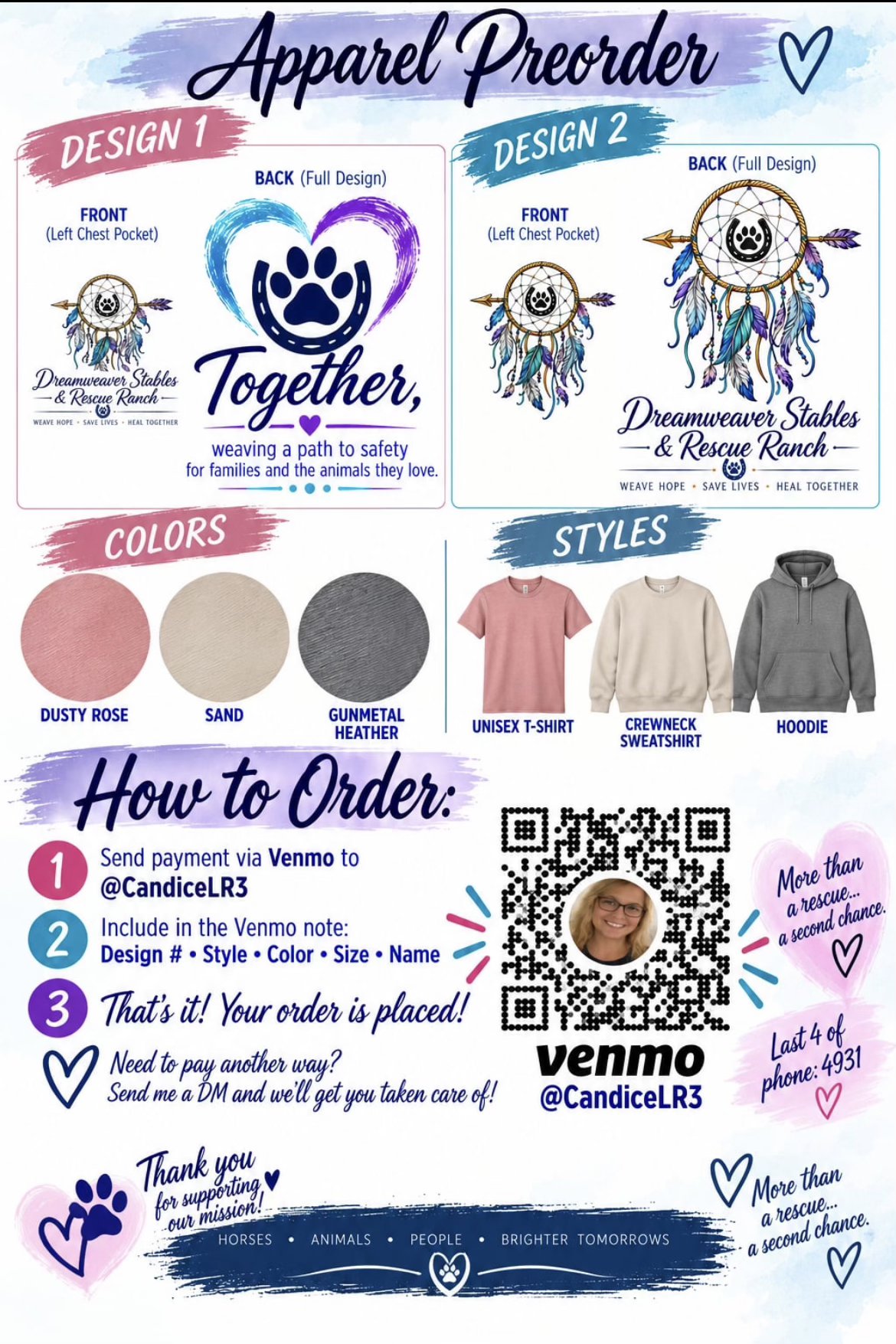Dreamweaver Stables & Rescue Ranch apparel preorder — two designs in Dusty Rose, Sand, or Gunmetal Heather; unisex t-shirt, crewneck sweatshirt, or hoodie. Order via Venmo @CandiceLR3.