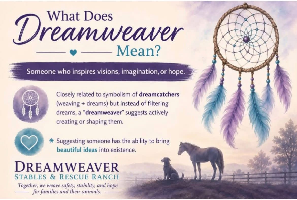 What does Dreamweaver mean? Someone who inspires visions, imagination, or hope. Together, we weave safety, stability, and hope for families and their animals.